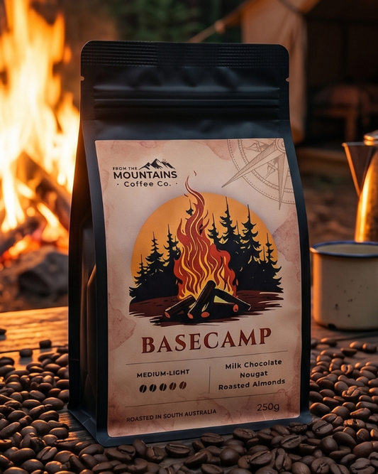 Basecamp coffee package with a campfire and tent in the background